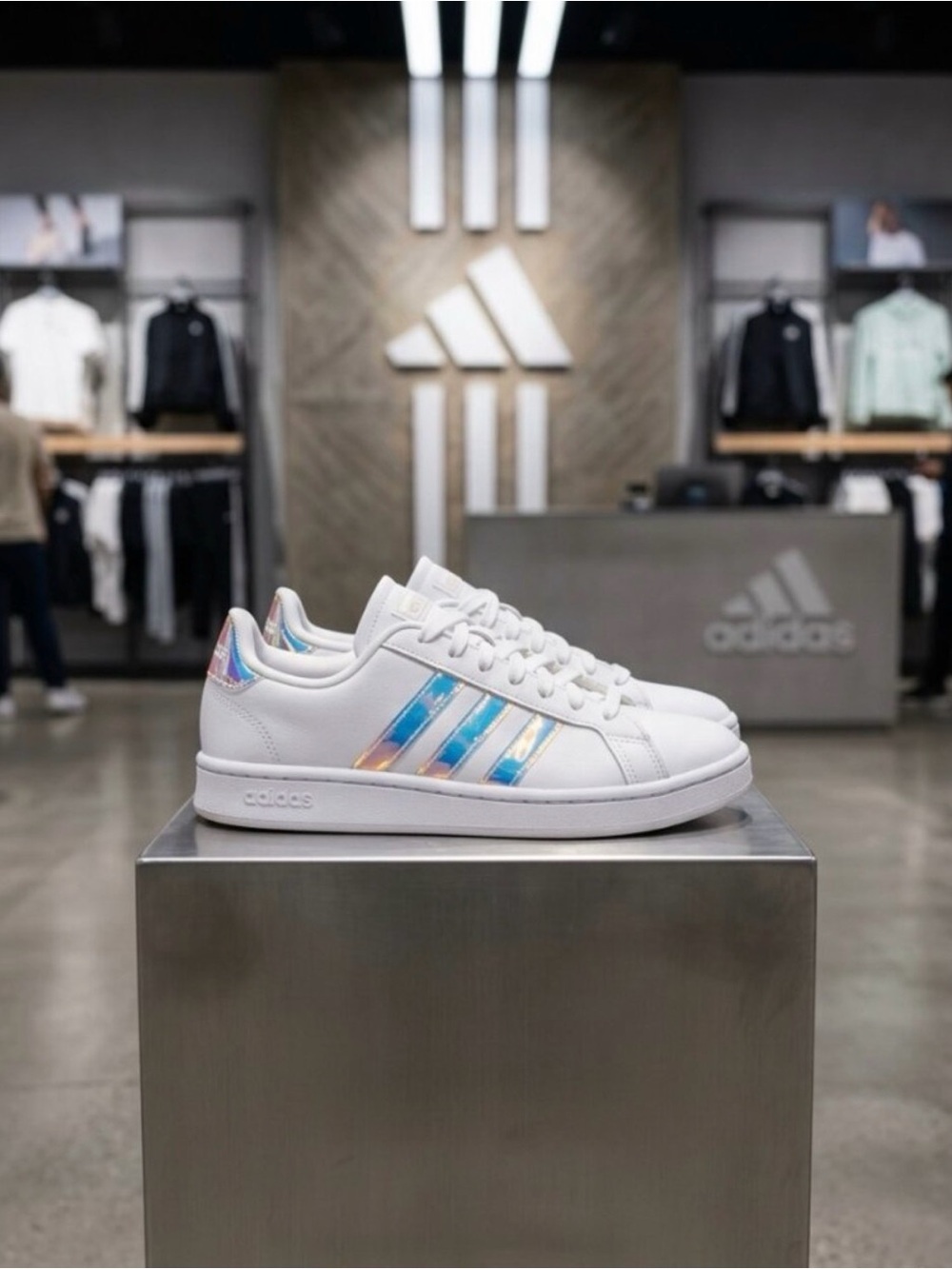 adidas White Sneakers with Iridescent Blue Stripes